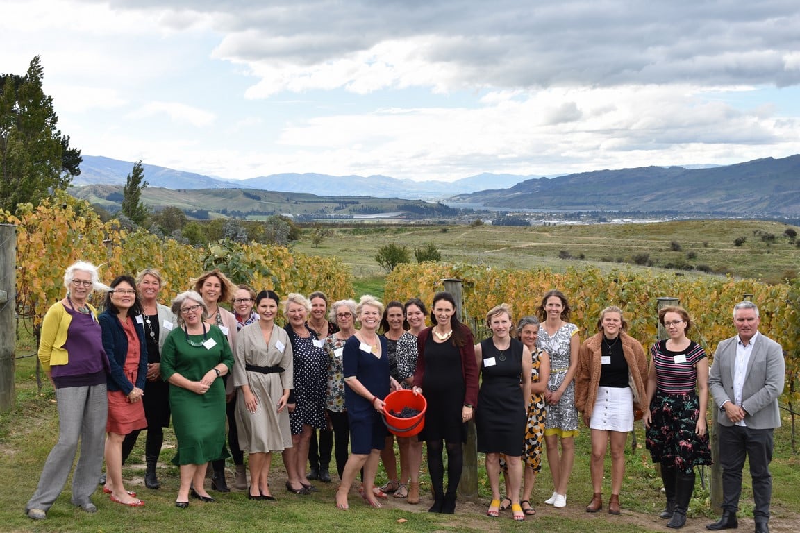 Women in Wine in the Central Otago region, pictured here with New Zealand Prime Minister Jacinda Ardern and Minister of Tourism Kelvin Davis